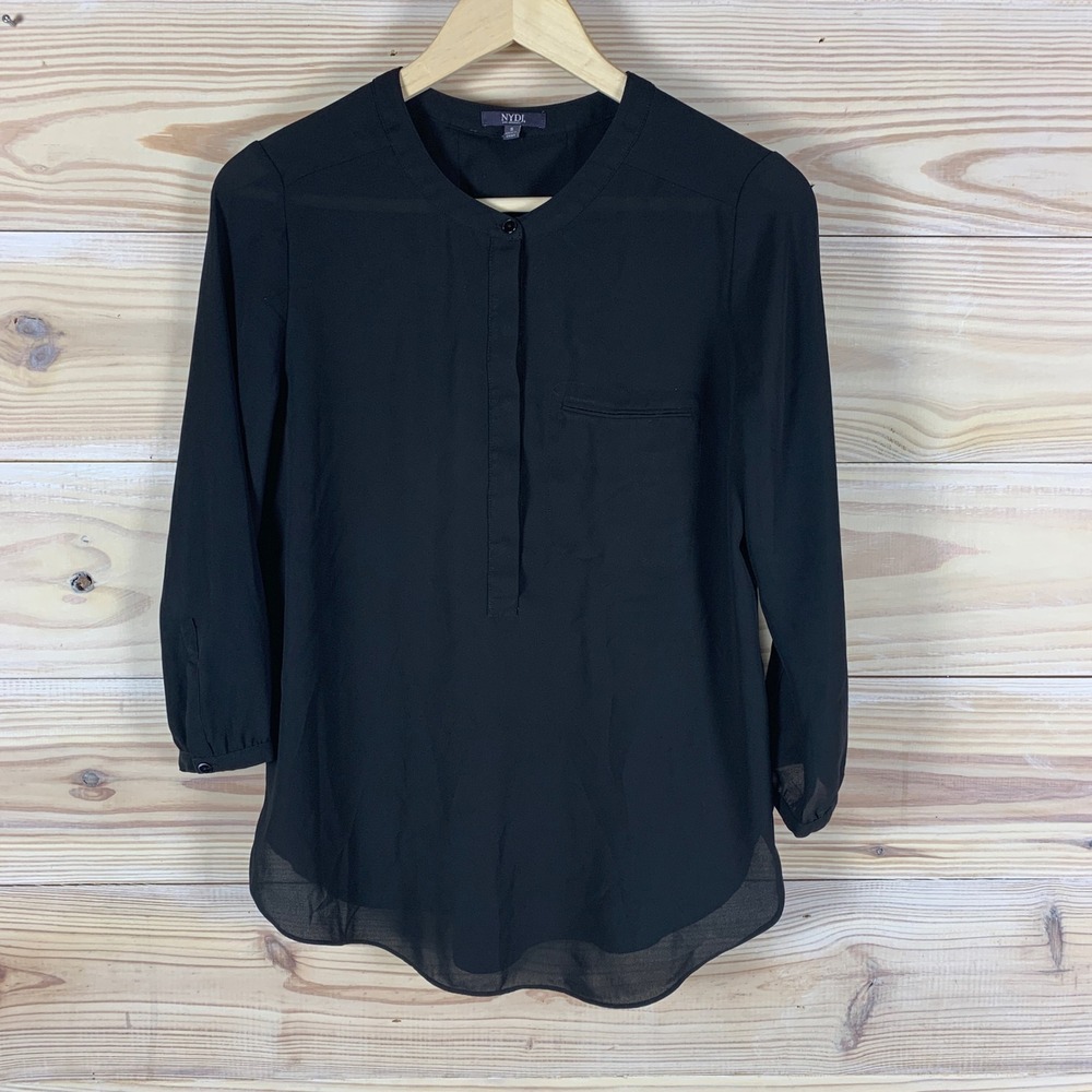 NYDJ Blouse Women Small Black Band Collar 3/4 Sleeve Pleated Back Top